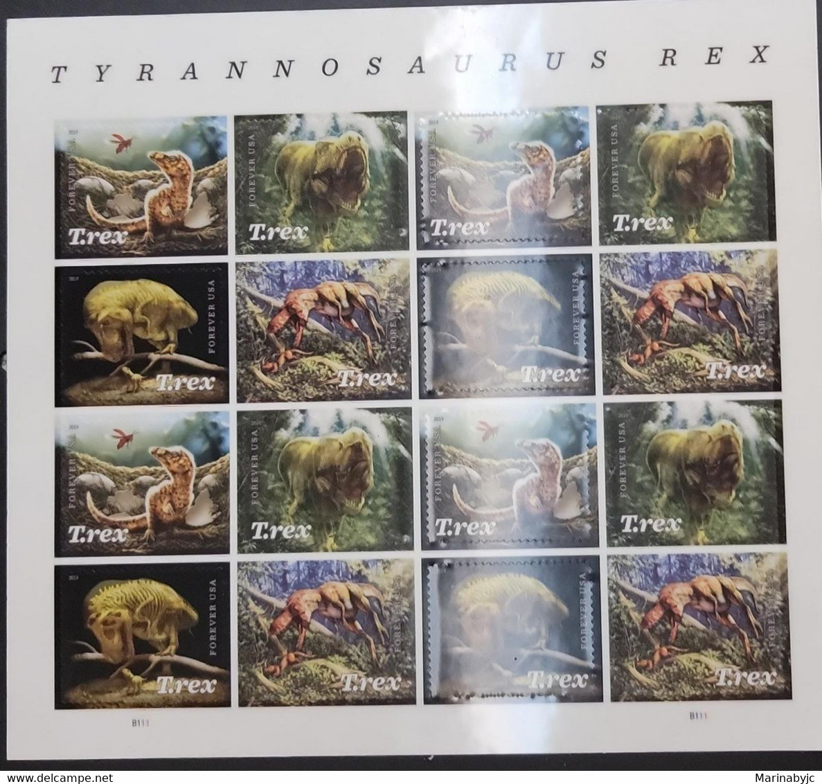 SP) 2019 UNITED STATES, PREHISTORICAL ANIMALS, TYRANNOSAURUS REX, SHEET OF 16 BLOCK OF 4, MNH - Other & Unclassified