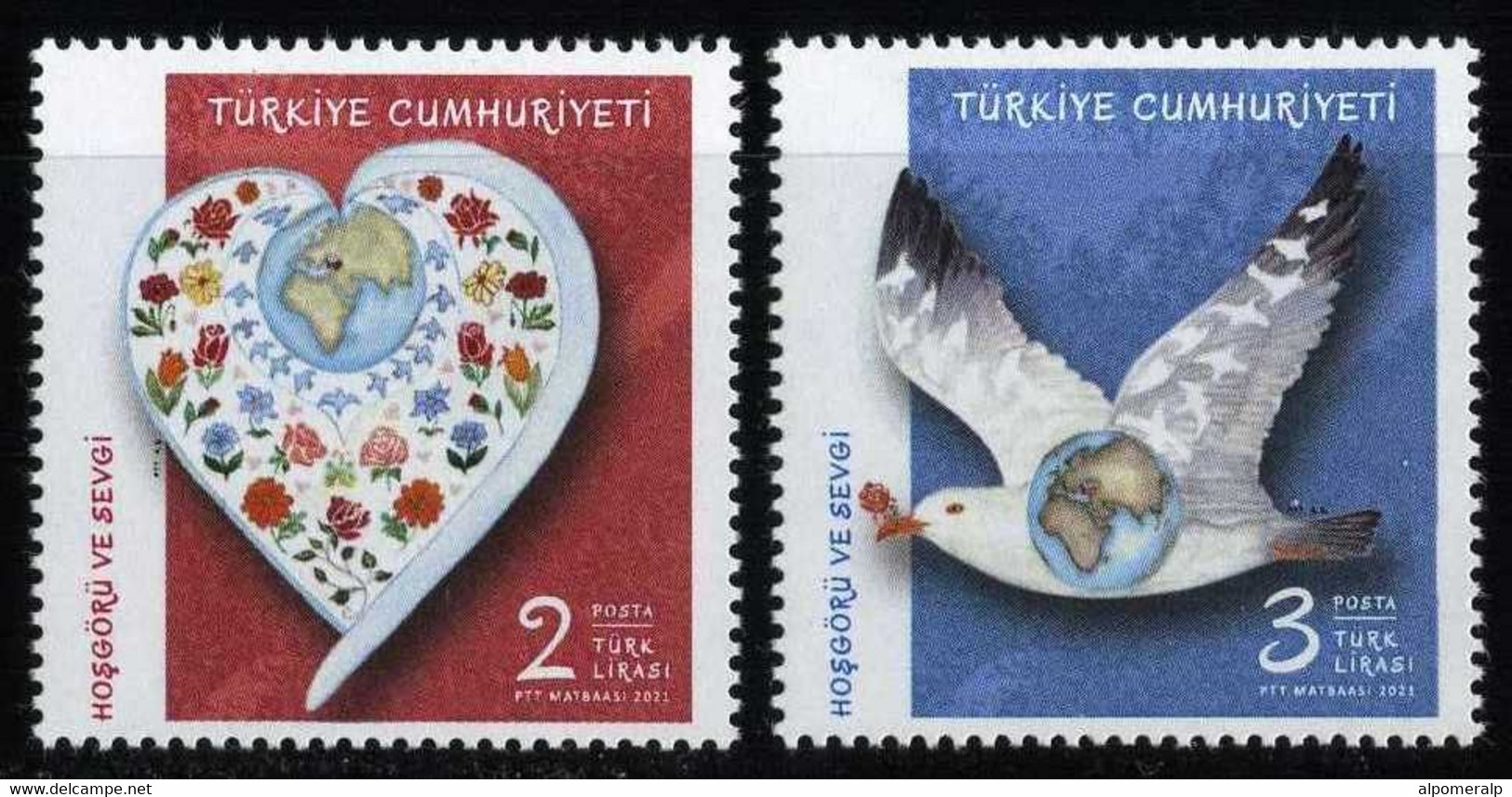 Türkiye 2021 Mi 4634-4635 MNH Tolerance And Affection, Heart, Pigeon, Animals (Fauna), Birds, Globe - Ungebraucht