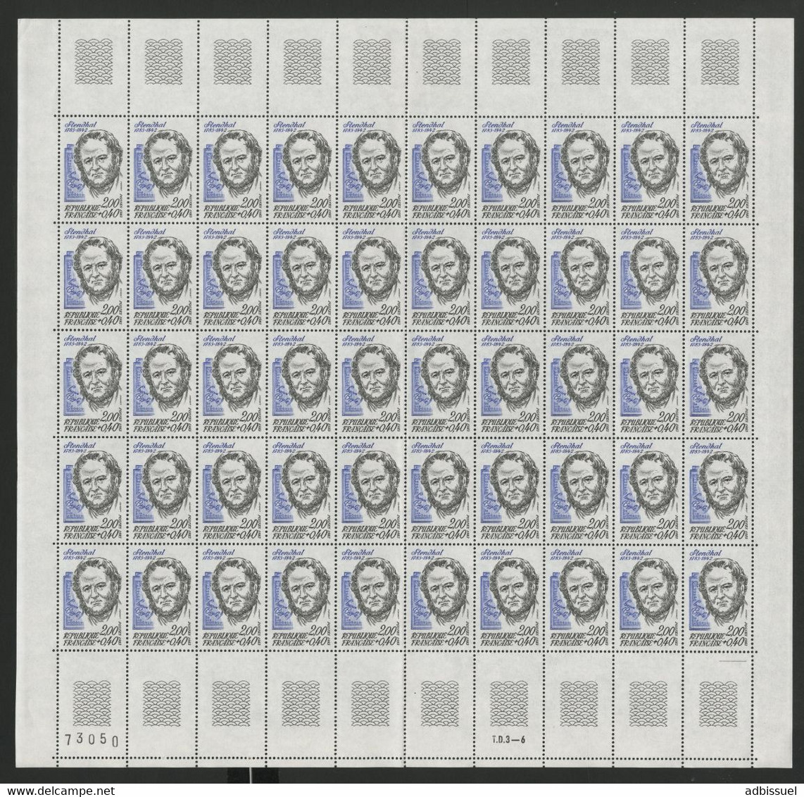 N° 2284 2 Fr + 0,40 Fr STENDHAL Feuille De 50 Ex. Vendue à La Valeur Faciale. ** MNH Cote 55 € - Full Sheets