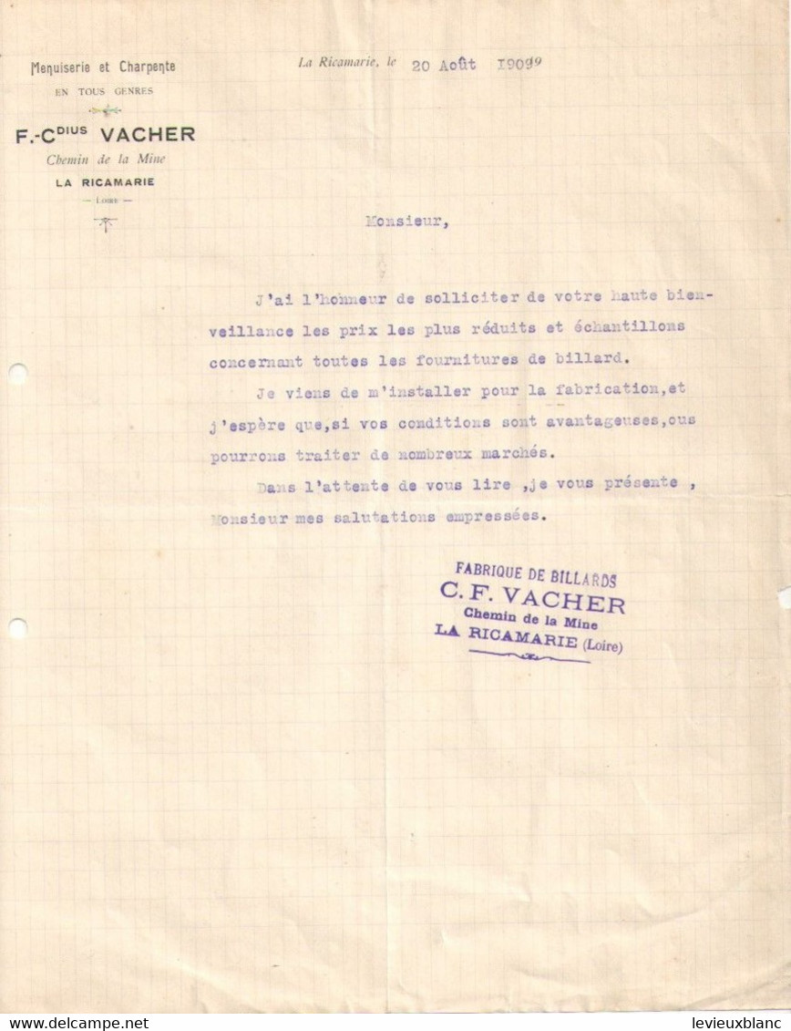 Billard/Claudius VACHER/La Ricamarie/LOIRE/LECOEUR/Fabricant De Peignes En Ivoire/Ivry La Bataille/Eure/1909    FACT546 - Profumeria & Drogheria