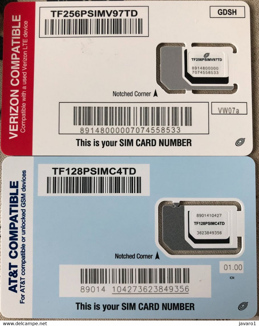 USA : 2 GSM Chip Cards :   AT&T + VERIZON  Blue Circles   MINT - [2] Chip Cards