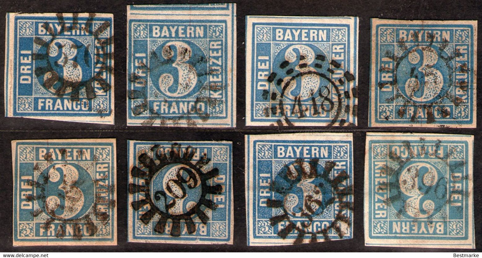 Bayern Lot 2174 - 8 Mal Nr. 2 - Stempel GMR Und OMR, Farben, Papiersorten, Breitrandige Stücke - Collezioni