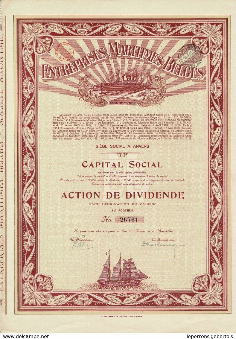 Titre De 1922- Entreprises Maritimes Belges - Belgique N° 26761 - Navegación