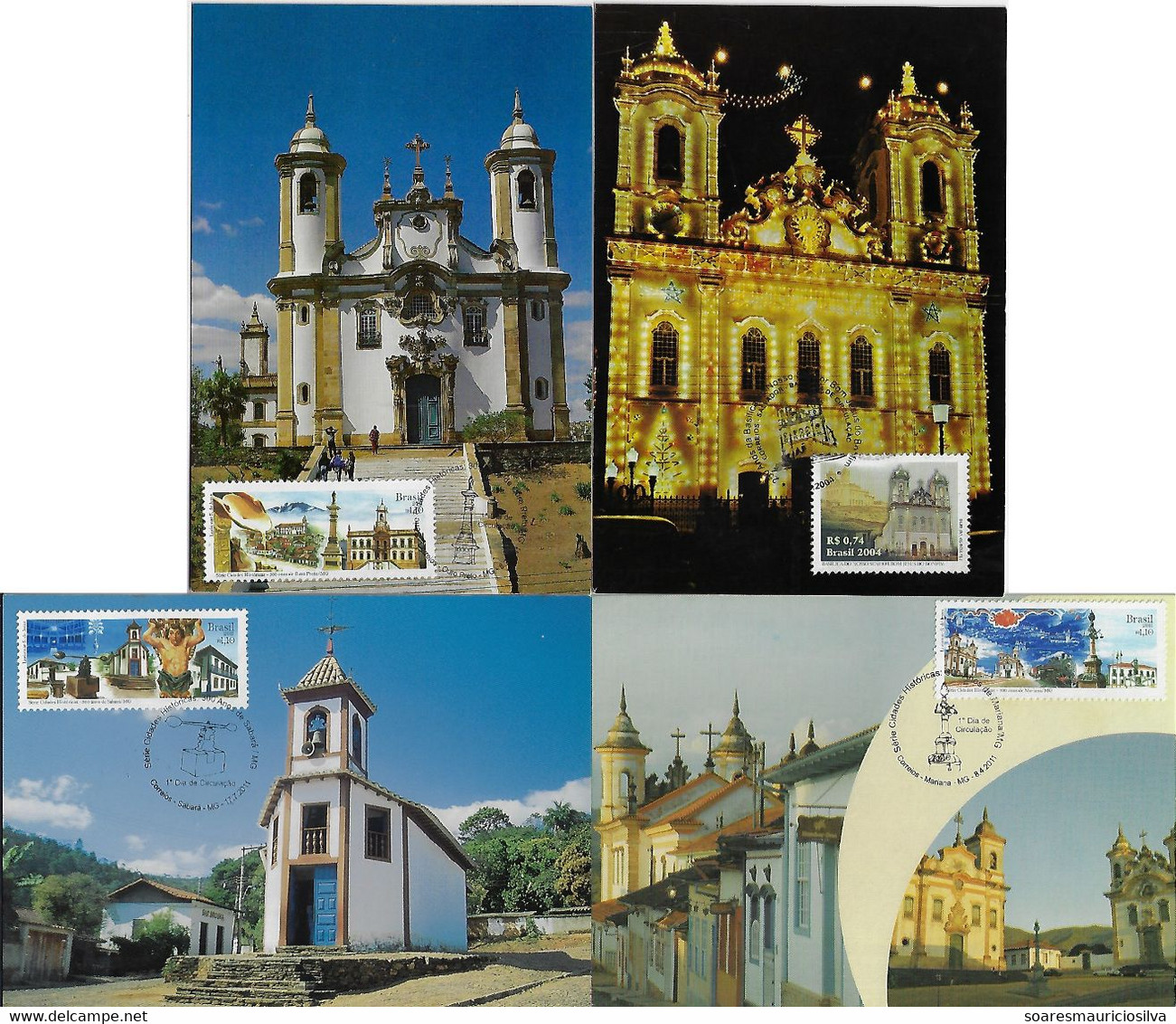 Brazil 2004/2011 4 Maximum Card Historic Cities Mariana Ouro Preto Sabará Salvador Architecture Church - Maximumkarten