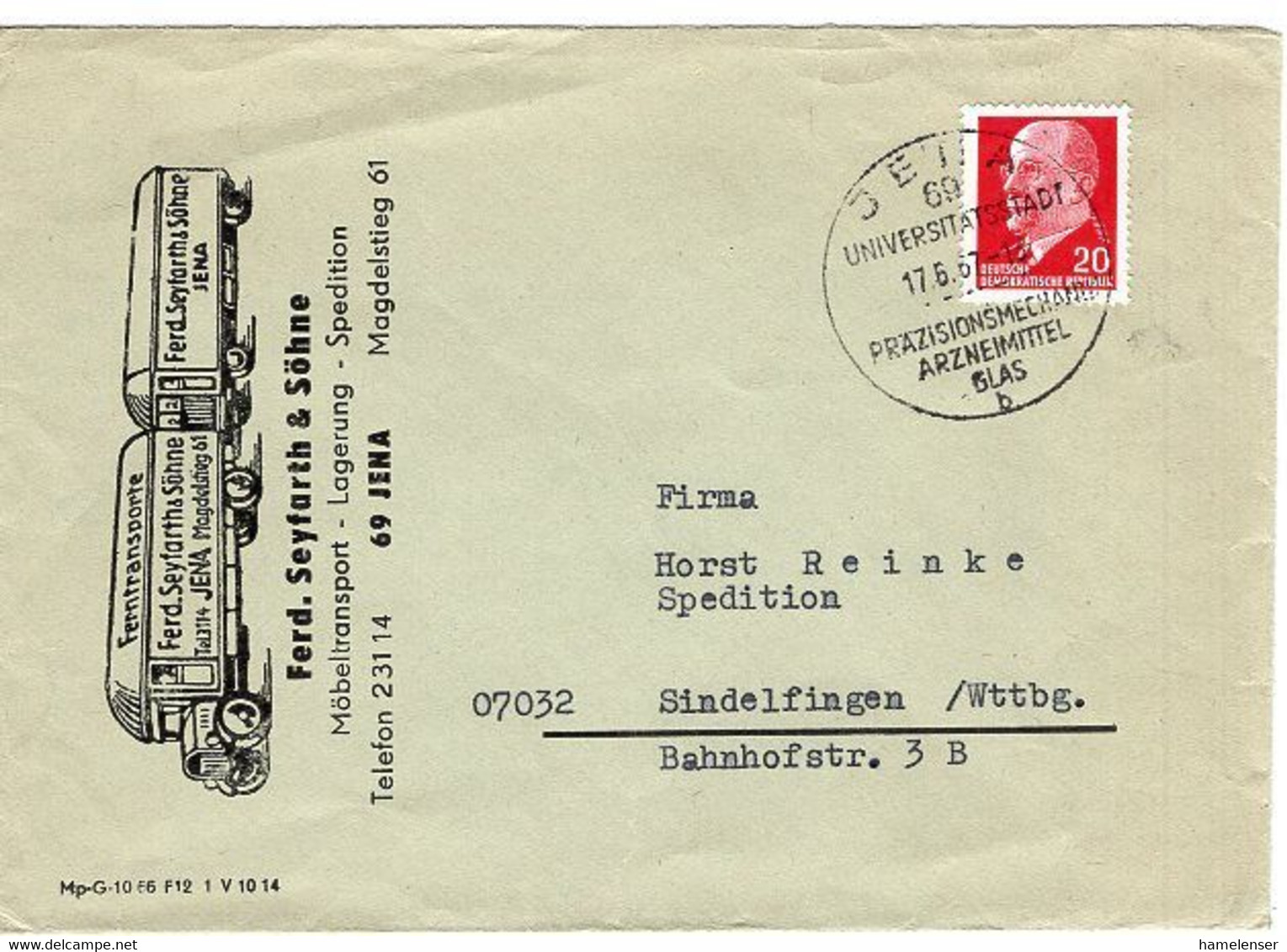 50653 - DDR - 1967 - 20Pfg. Ulbricht EF A. Bf. JENA - UNIVERSITAETSSTADT ... ARZNEIMITTEL GLAS -> Westdeutschland - Pharmacy