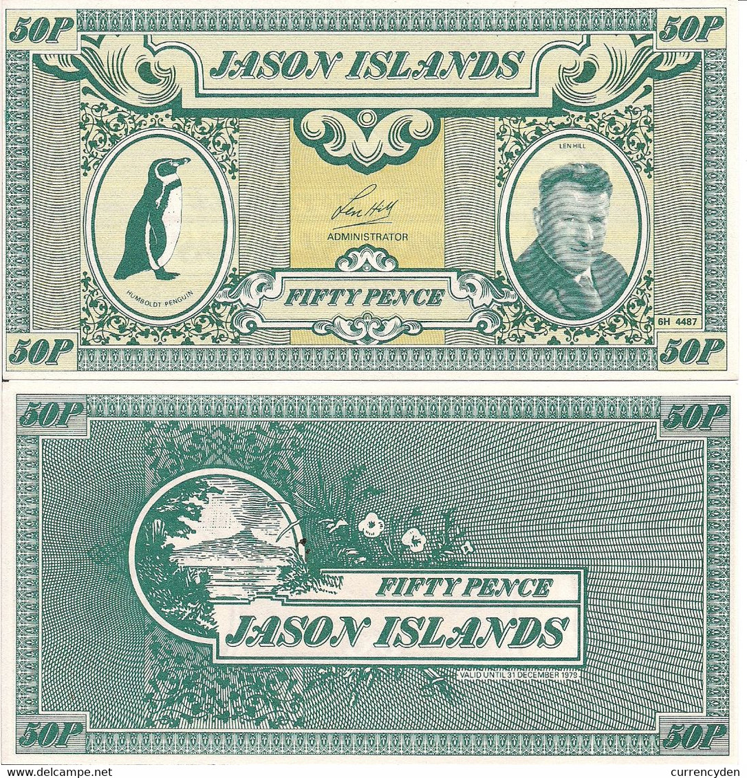 Jason Islands 50 Pence, Humboldt Penguin, Len Hill / Grand Jason Island 1978 UNC - Falkland Islands