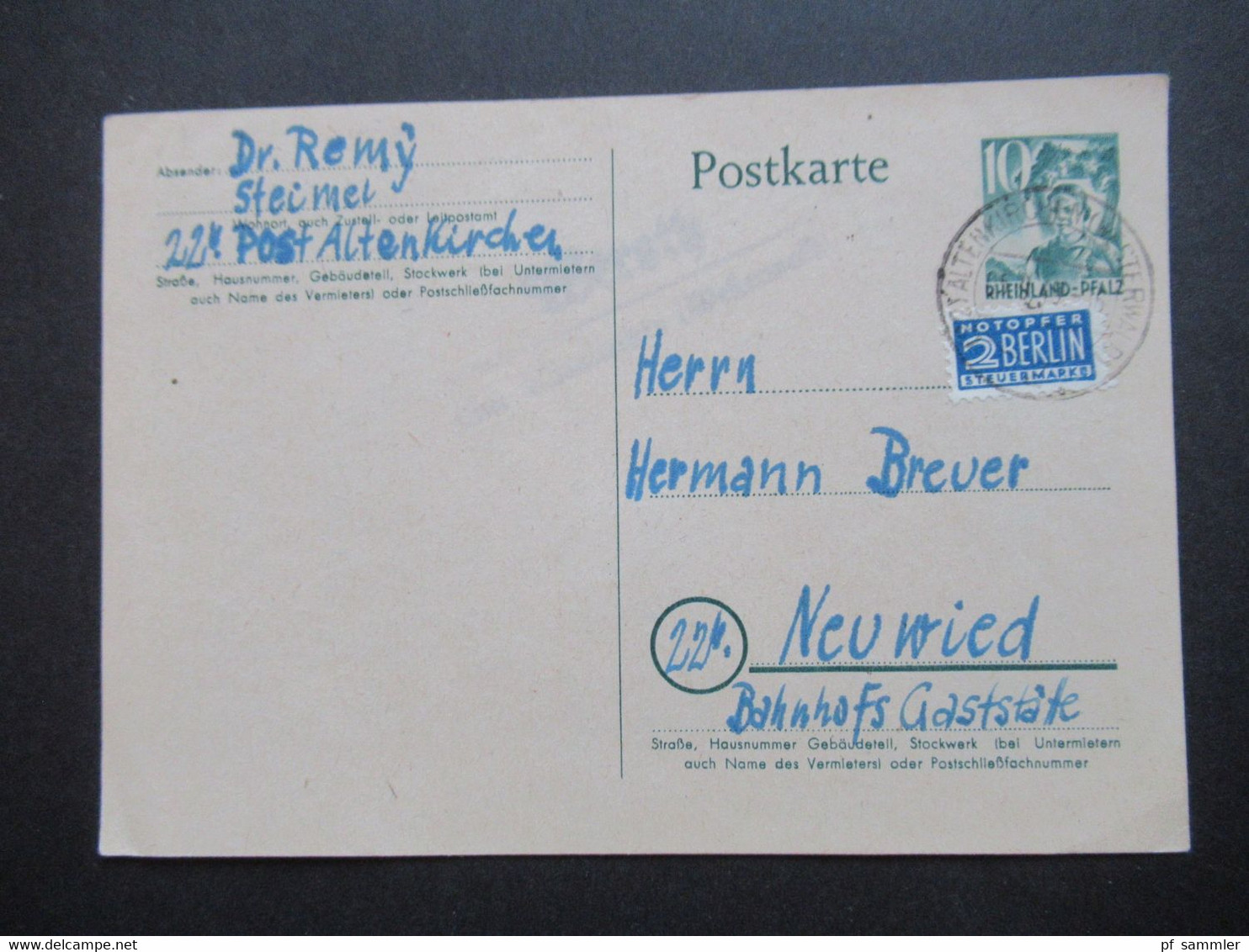 Französische Zone Rheinland Pfalz 4.9.1949 GA P2 Mit Notopfer Und L2 Landpoststempel / Tagesstempel Altenkirchen - Rheinland-Pfalz