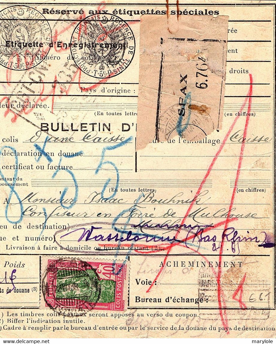 Bulletin D'expédition De Colis Postaux  De TUNIS  Pour WASSELONNE Le 6-9-38 . - Briefe U. Dokumente