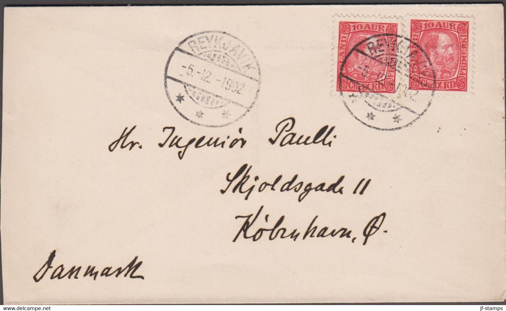 1902. ISLAND. King Christian IX. 10 Aur Red 2 Ex On Beautiful Clean Cover To København From RE... (Michel 39) - JF514596 - Covers & Documents