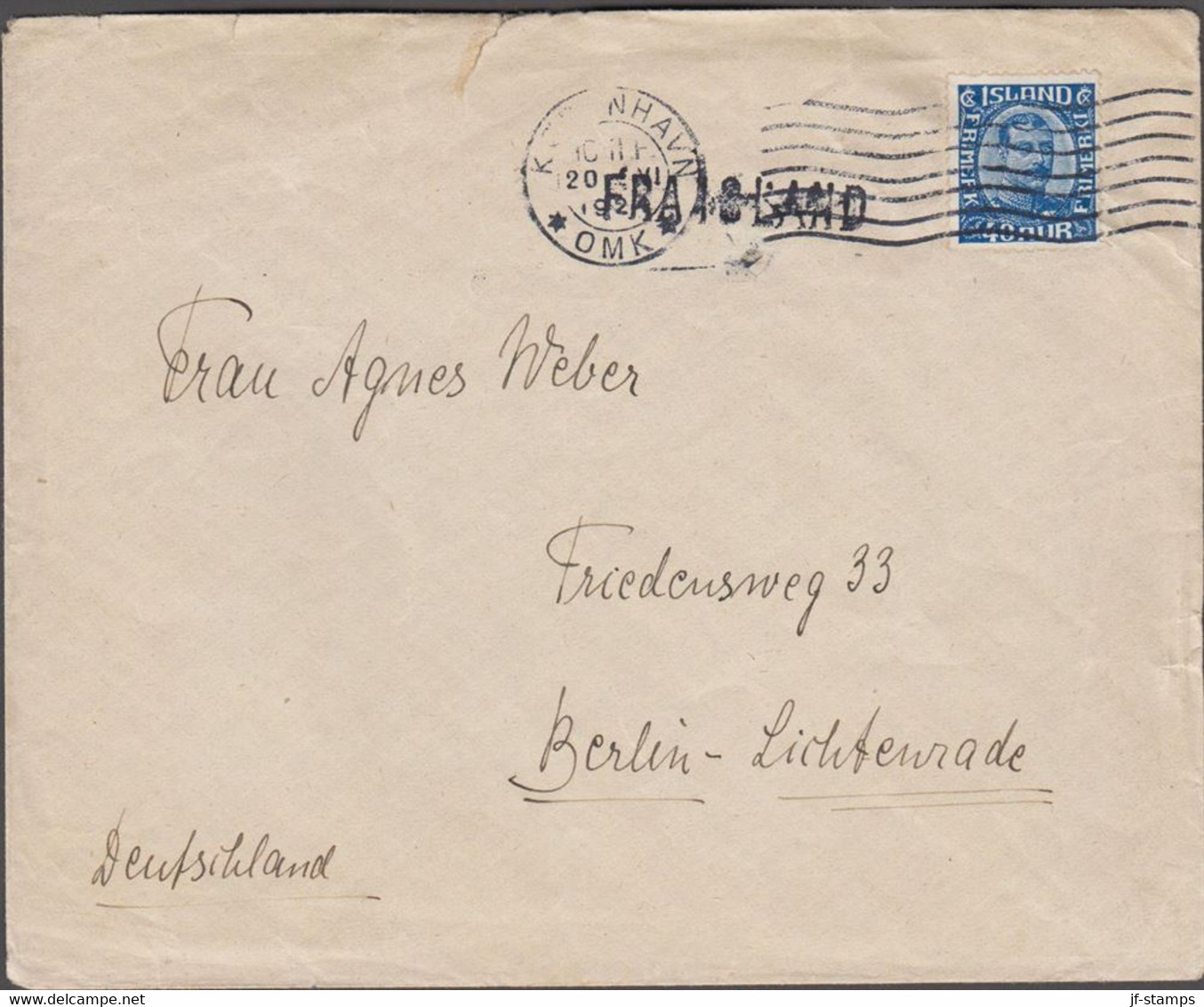 1924. ISLAND. King Christian X. Thin, Broken Lines In Ovl Frame. 40 Aur Blue On SHIP MAIL Cov... (Michel 103) - JF514599 - Cartas & Documentos