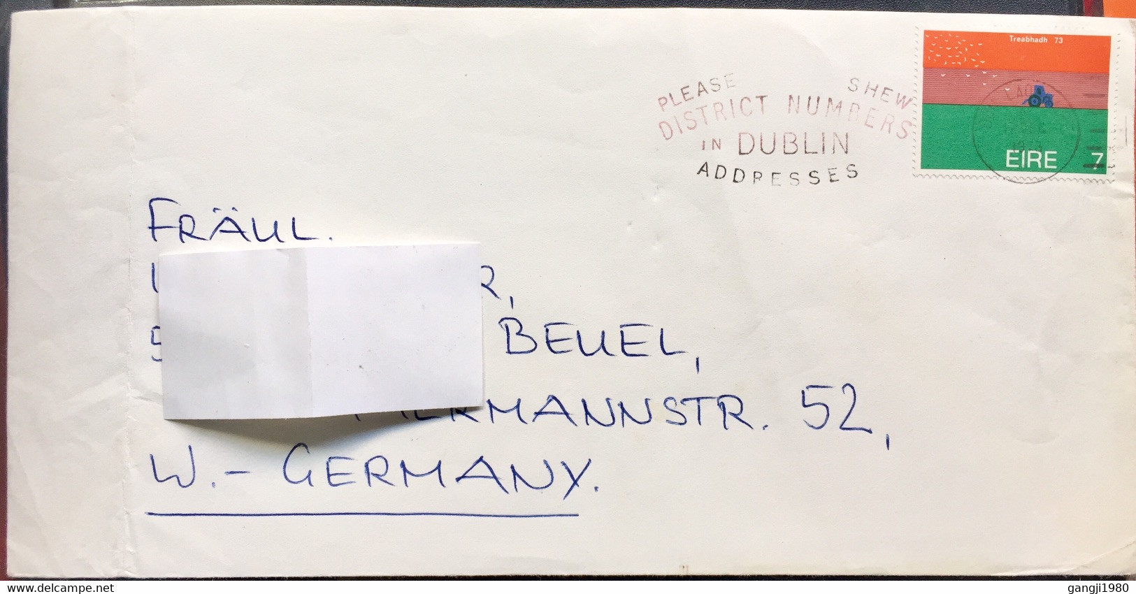 IRELAND 1973,POSTAL STATIONARY COVER, USED TO GERMANY, COLOUR SLOGAN, PLEASE SHEW DISTRICT NUMBER IN DUBLIN ADDRESSES - Ganzsachen