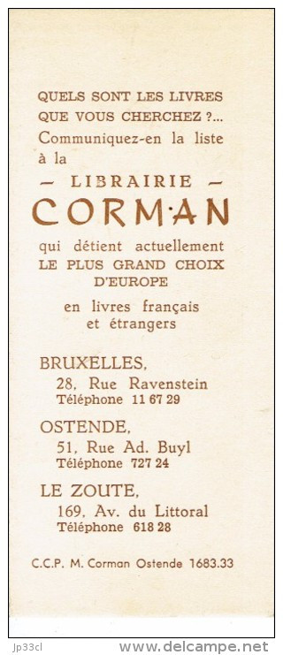 Ancien Marque Page De La Librairie Corman Bruxelles Ostende Le Zoute (Années 1950) - Lesezeichen