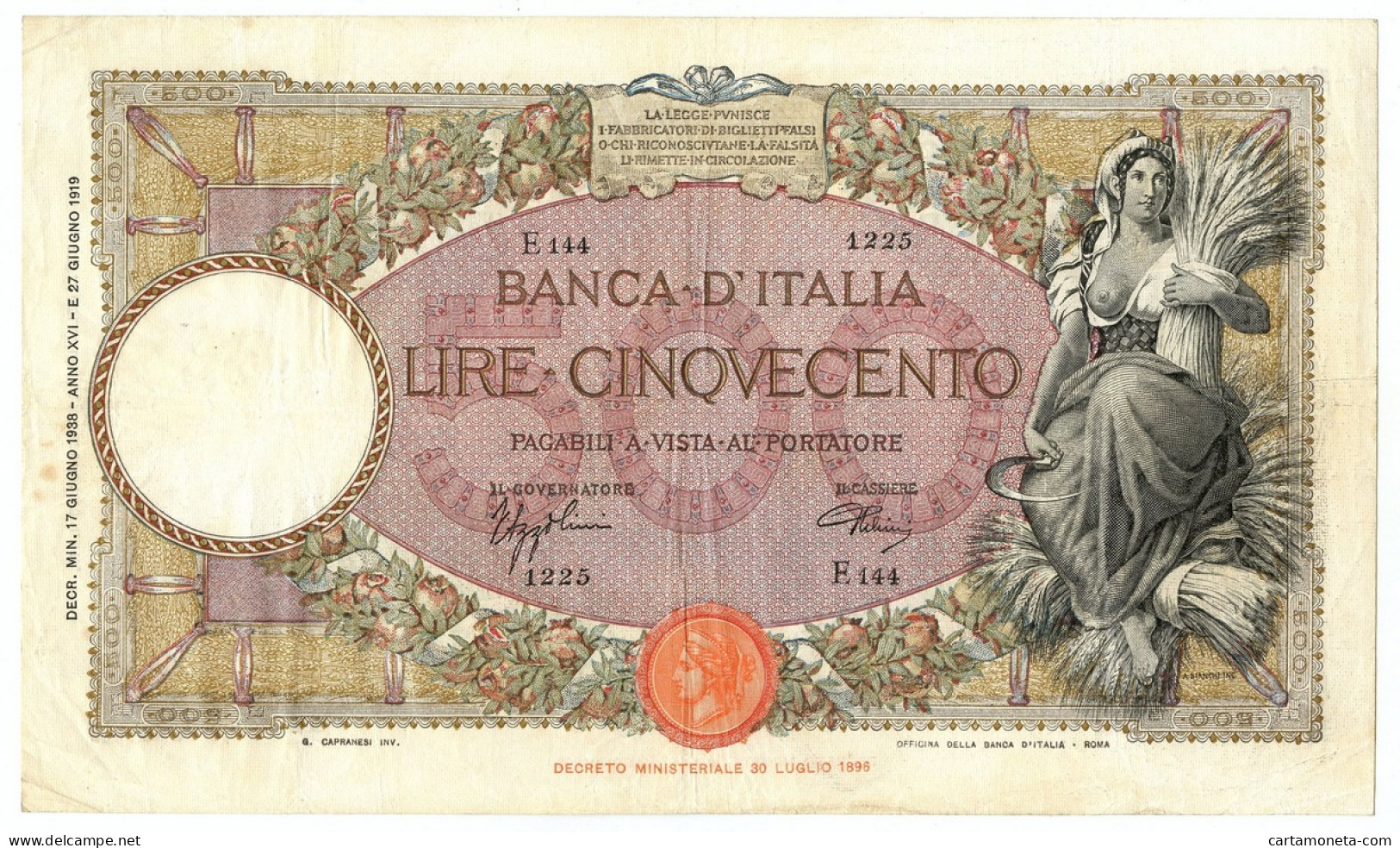 500 LIRE CAPRANESI MIETITRICE TESTINA FASCIO ROMA 17/06/1938 BB/BB+ - Regno D'Italia – Other