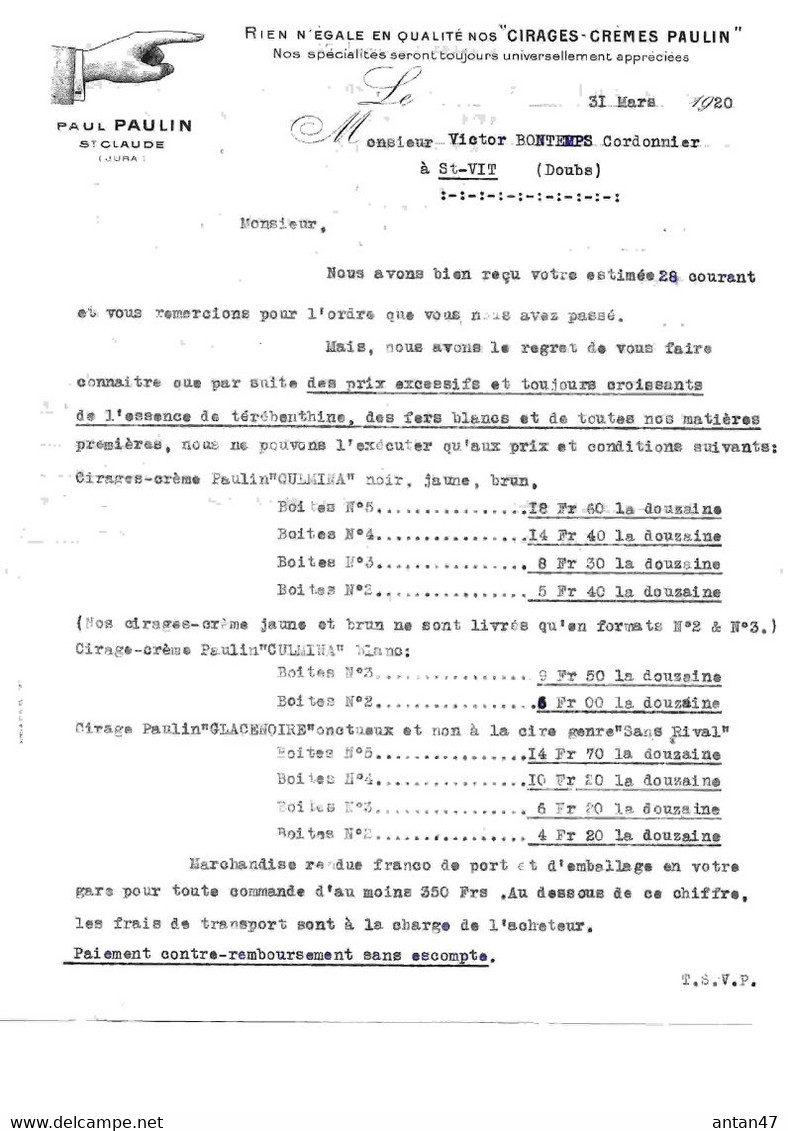 Courrier 1920 / 39 SAINT CLAUDE / Cirage PAULIN / Hausse Tarifs, Augmentation Prix Térébenthine, Fers Blancs - Chemist's (drugstore) & Perfumery