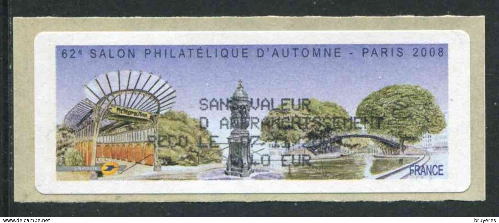 LISA 1 De 2008 "SANS VALEUR D'AFFRANCHISSEMENT - SALON PHILATELIQUE D'AUTOMNE - PARIS 2008 - Illust. : PARIS " - 1999-2009 Illustrated Franking Labels