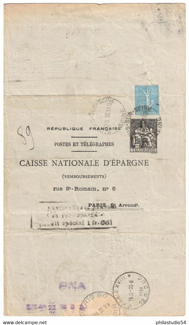 1938: ENTIER PNEUMATIQUE CAISSE D'EPARGNE 1,50F CHAPLAIN - Pneumatic Post