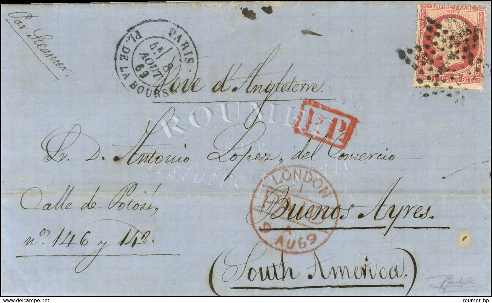 Etoile 1 / N° 24 Càd PARIS / PL. DE LA BOURSE Sur Lettre Pour Buenos Ayres. 1869. - TB. - Manual Postmarks