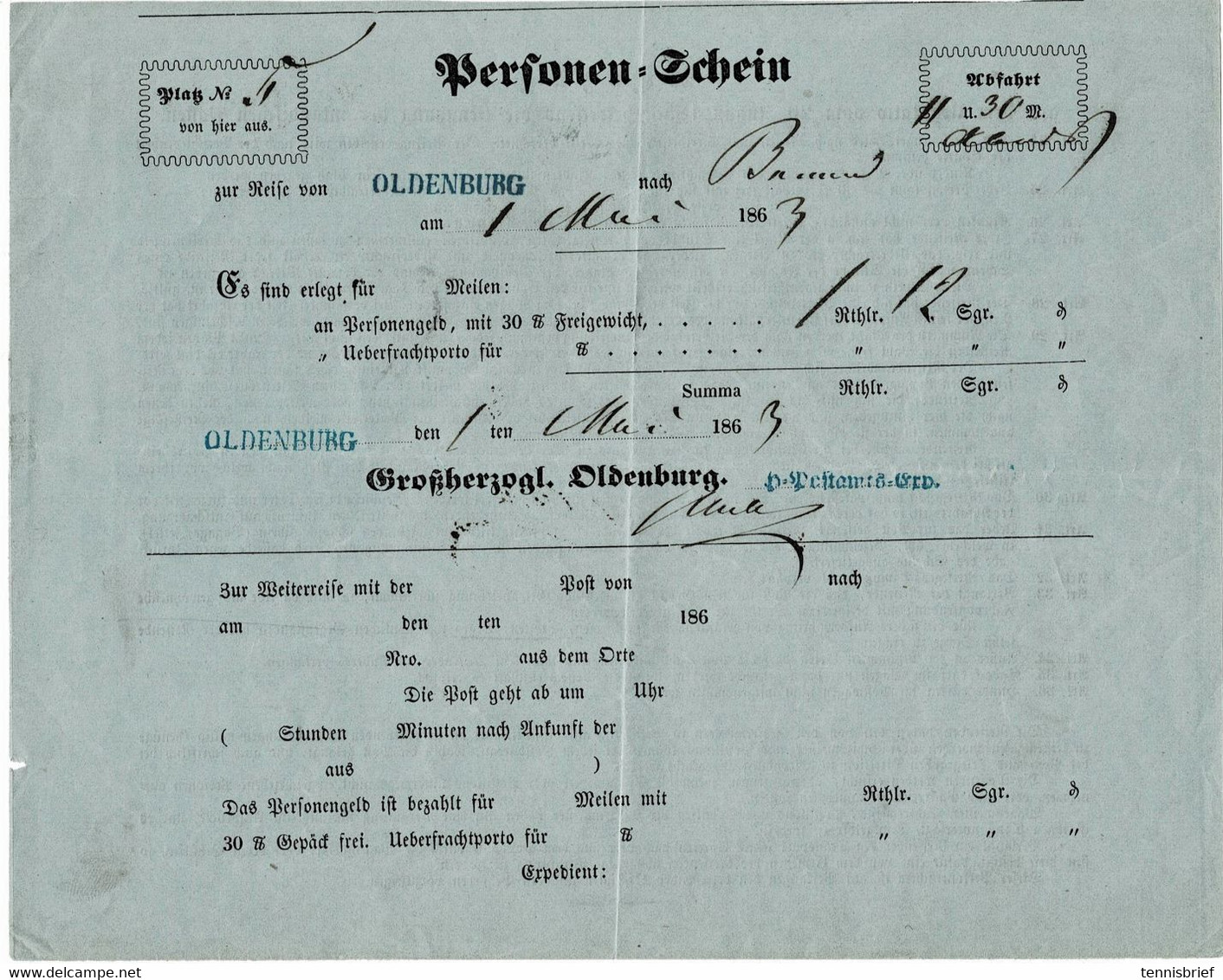 1863 " Personen - Schein " Reiseschein, R!, #a6576 - Oldenburg