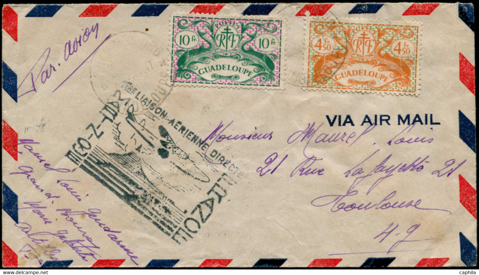 MARTINIQUE 1° Vols LET - 9/7/47, Pointe à Pitre/Fort De France/France, Cachet Spécial Noir, Départ De Guadeloupe (Saul 8 - Other & Unclassified