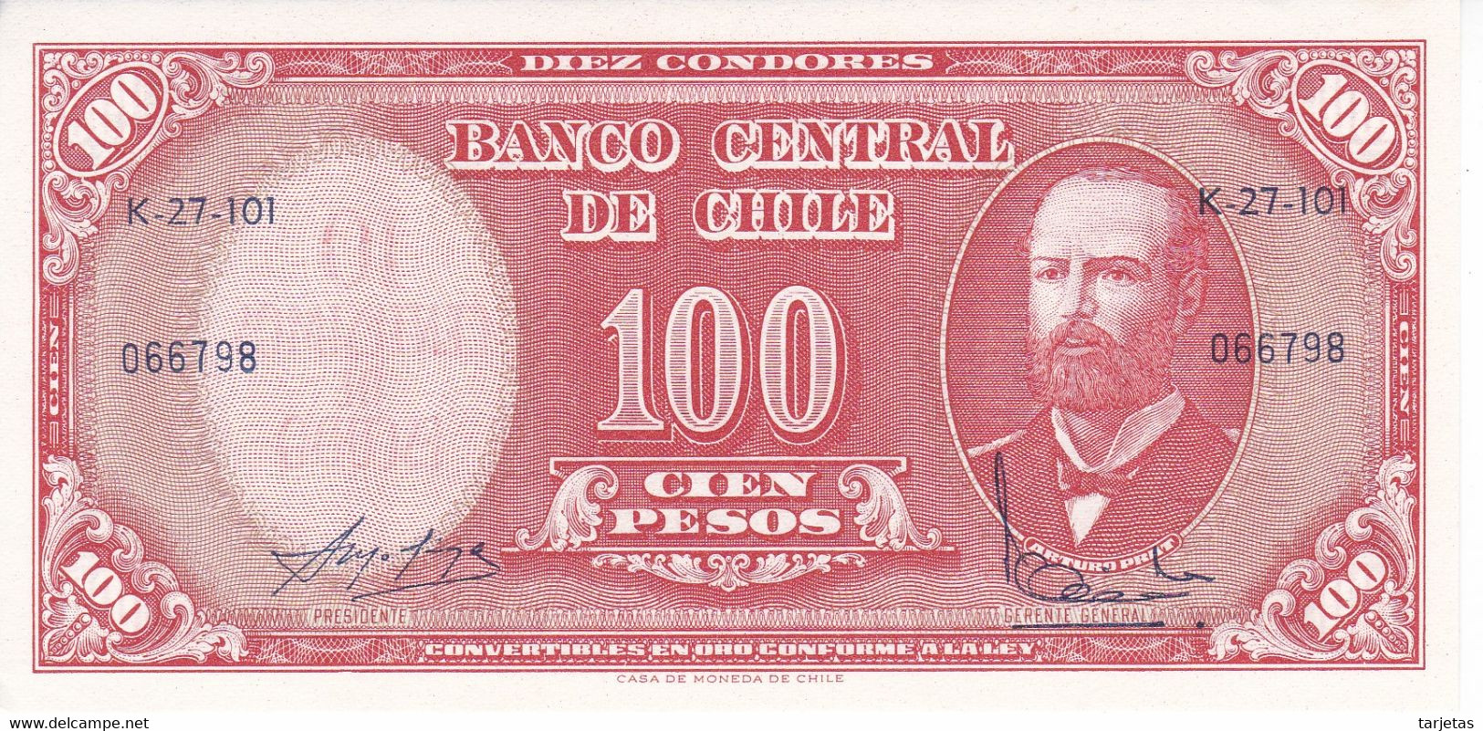 BILLETE DE CHILE DE 100 PESOS DEL AÑO 1960-61 SIN CIRCULAR (UNC) (BANK NOTE) - Cile