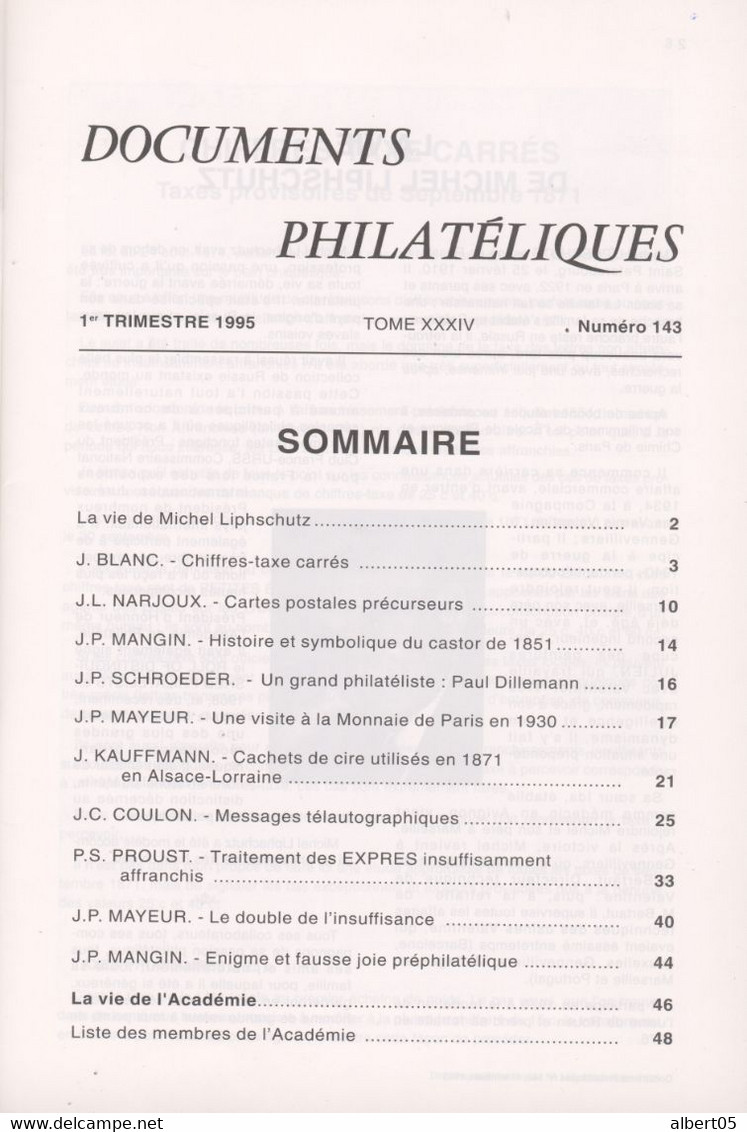 Revue De L'Académie De Philatélie - N° 143 Avec Sommaire - 1er Trimestre 1995 - Philatelie Und Postgeschichte