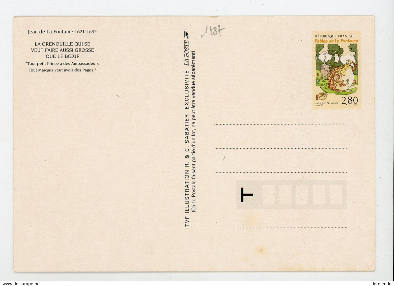 FRANCE -  ENTIER DU N° Yt 2959 "FABLES DE LA FONTAINE"** - Overprinted Covers (before 1995)