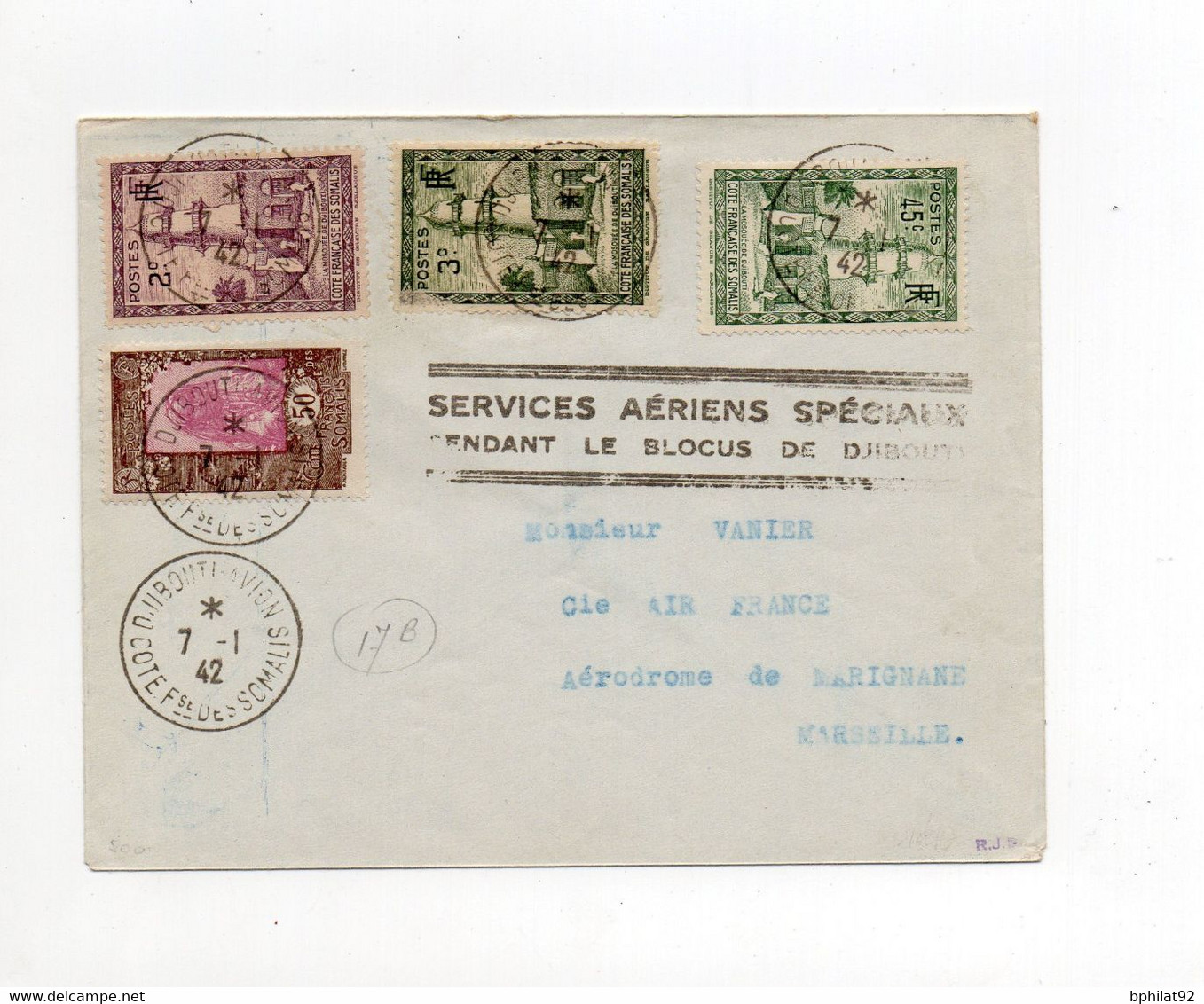 !!! SERVICES AERIENS SPECIAUX PENDANT LE BLOCUS DE DJIBOUTI, LETTRE DU 7/1/1942 POUR MARSEILLE - Brieven En Documenten