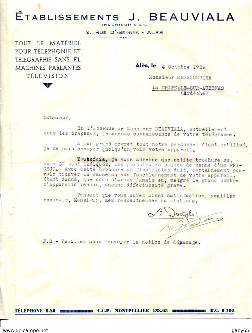 FACTURE.30.GARD.ALES.TELEPHONIE.TELEGRAPHIE.MACHINES PARLANTES.TELEVISION.Ets.J.BEAUVIALA 9 RUE DOCTEUR SERRES. - Elektrizität & Gas