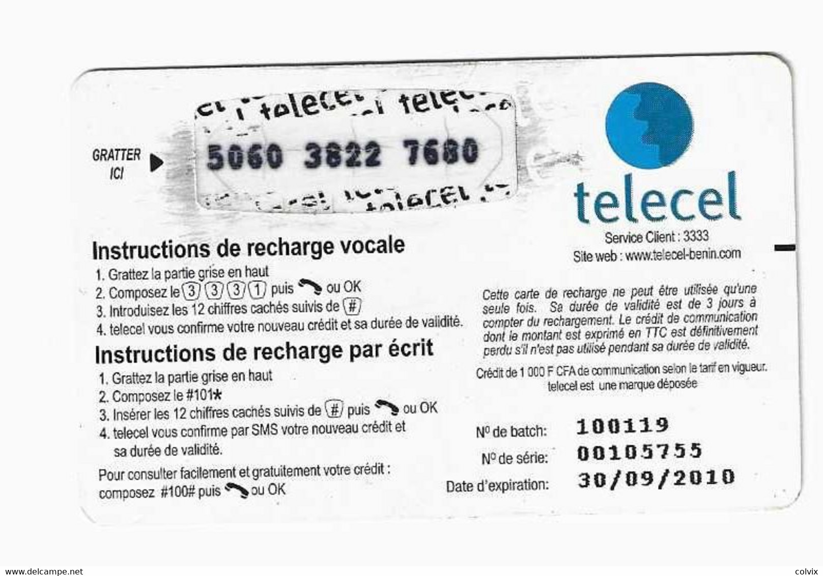 BENIN RECHARGE TELECEL 1000 FCFA AU VERSO A DROITE GROS LOGO TELECEL Date 30/09/2010 - Bénin