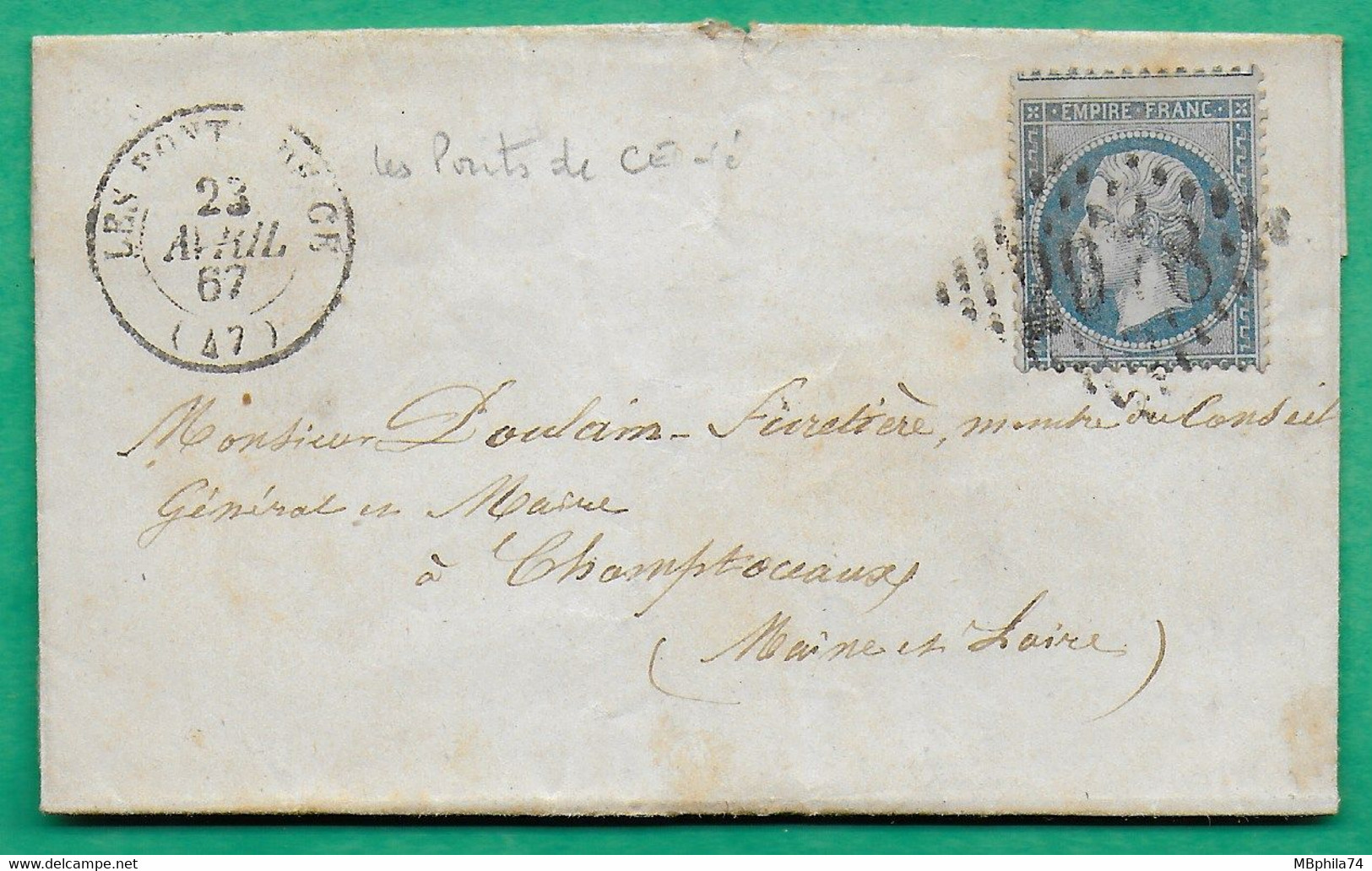 N°22 VARIETE PIQUAGE A CHEVAL GC 2978 LES PONTS DE CE MAINE ET LOIRE POUR CHAMPTOCEAUX 1867 LETTRE COVER FRANCE - 1849-1876: Classic Period