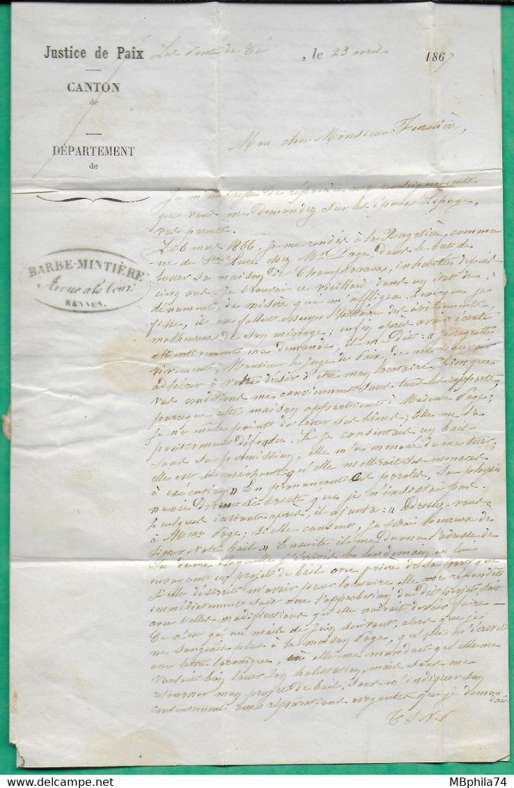 N°22 VARIETE PIQUAGE A CHEVAL GC 2978 LES PONTS DE CE MAINE ET LOIRE POUR CHAMPTOCEAUX 1867 LETTRE COVER FRANCE - 1849-1876: Classic Period