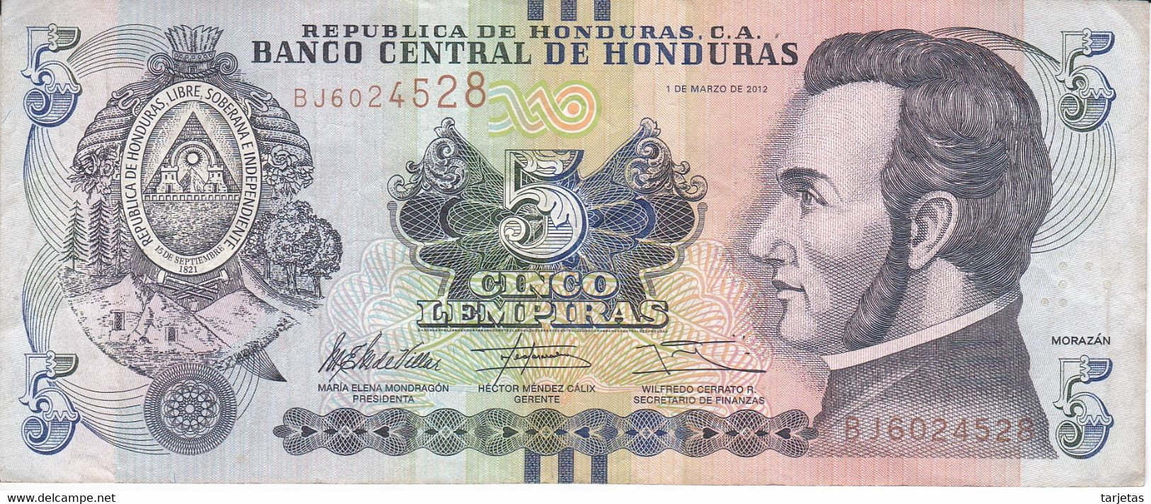 BILLETE DE HONDURAS DE 5 LEMPIRAS AÑO 2012 (BANKNOTE) - Honduras