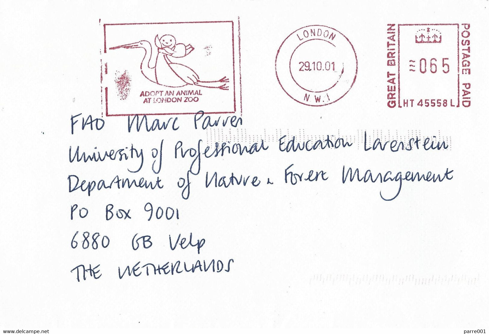 UK 2001 London Meter Hasler “Mailmaster” HT Prefix Stork London Zoo EMA Cover - Cigognes & échassiers