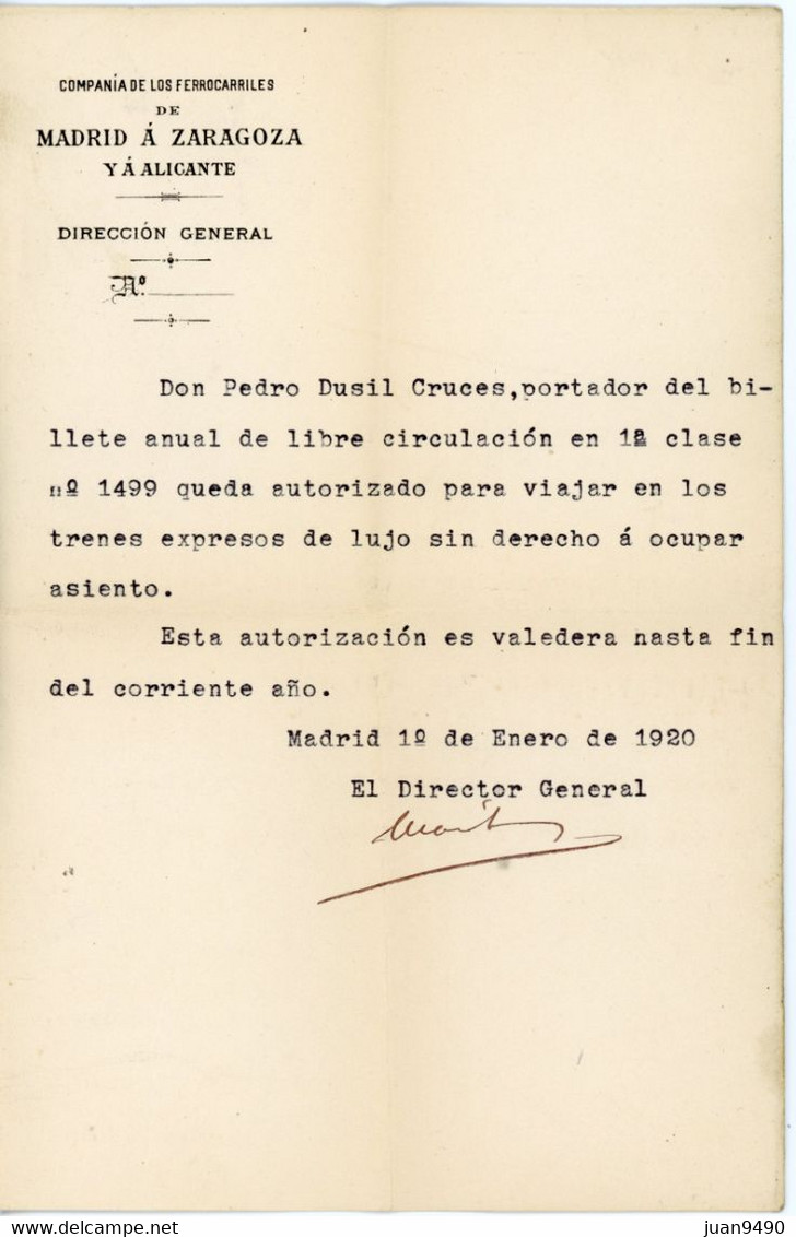 BILLETE ANUAL DE FERROCARRIL DE MADRID A ZARAGOZA Y ALICANTE // AÑO 1920 // (TCDC-S9) - Europe