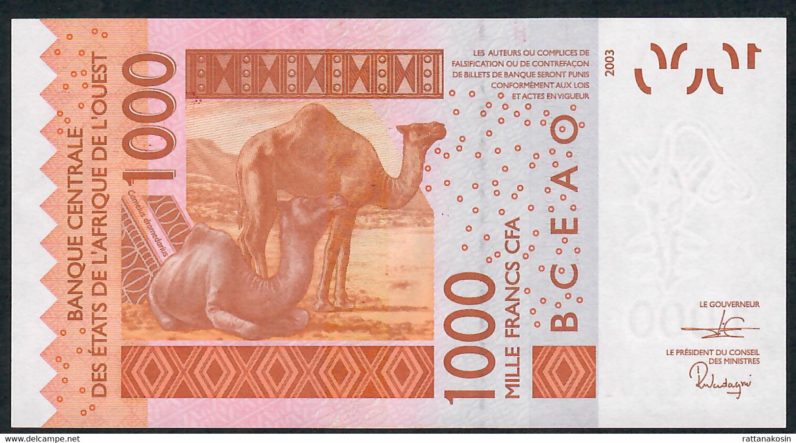 W.A.S. BENIN P215Bs 1000 FRANCS (20)19 Signature 44  UNC. - West African States