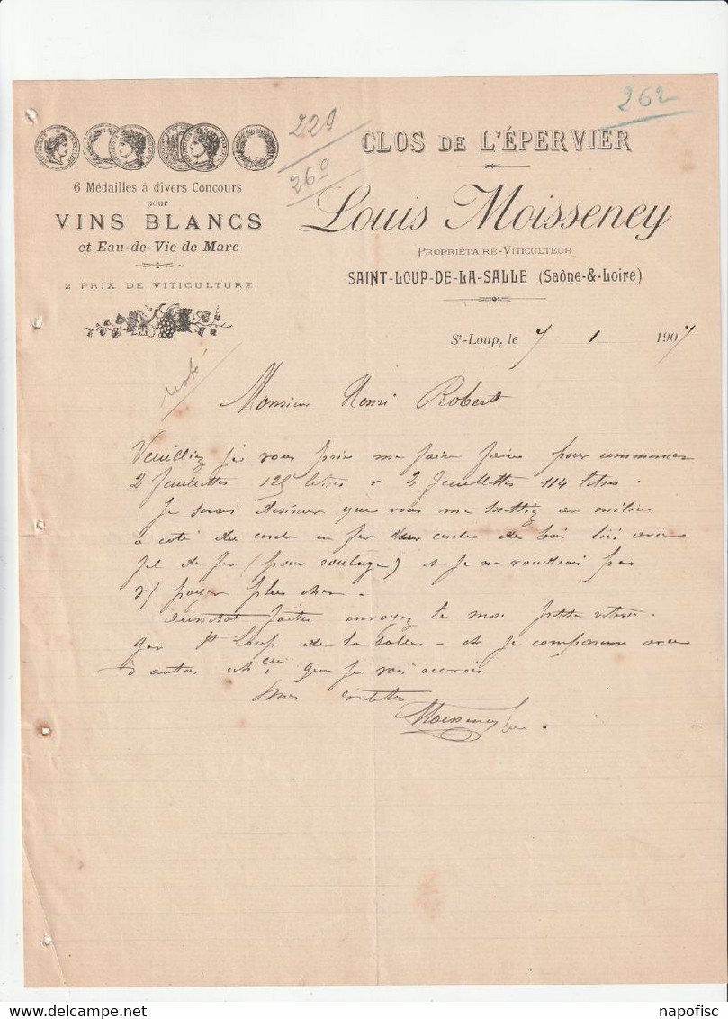 71-L.Moisseney...Clos De L'Epervier...Vins Blanc & Eaux-de-Vie De Marc....Saint-Loup-de-la-Salle..(Saône-et-Loire)..1907 - Otros & Sin Clasificación