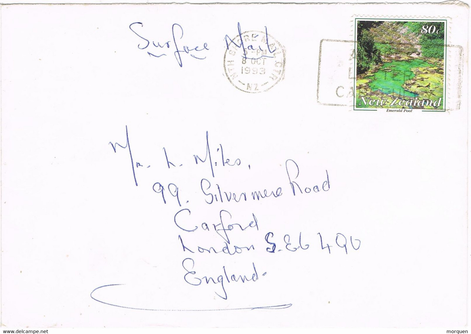 43187. Carta Maritima NORTH SHORE City (New Zealand) 1993. Slogan Post. SURFACE Mail - Storia Postale