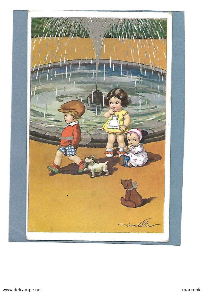 Carte Illustrée Par CASTELLI - Enfants Jouant, Jet D'eau, Chien, Ours - Réhaussée D'Argent - Castelli