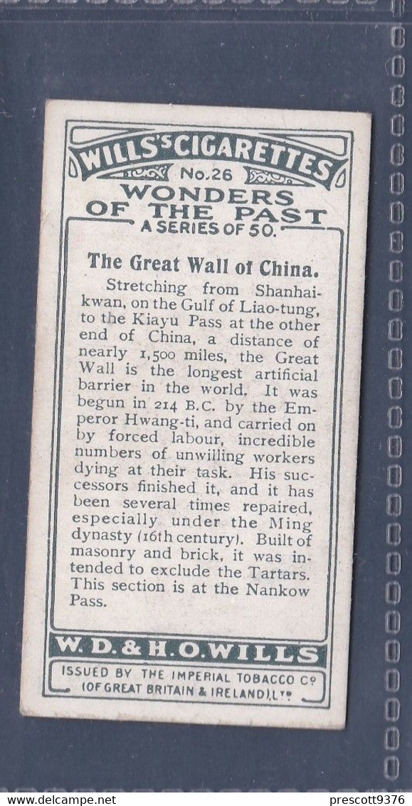 Wonders Of The Past 1926 - Original Wills Cigarette Card - 26 Great Wall Of China - Wills