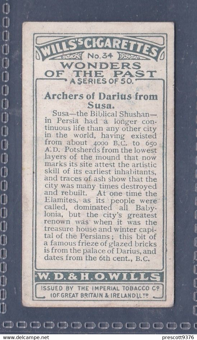 Wonders Of The Past 1926 - Original Wills Cigarette Card - 34 Archers Of Darius From Susa - Wills