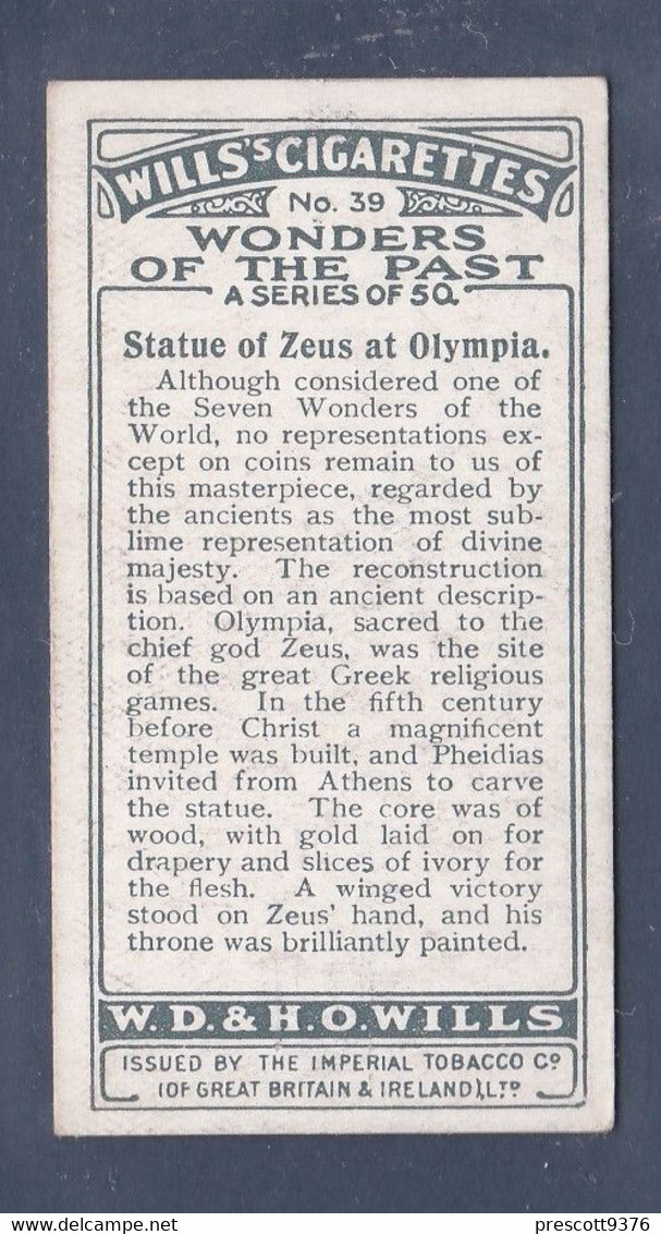 Wonders Of The Past 1926 - Original Wills Cigarette Card - 39 Statue Of Zeus At Olympia - Wills