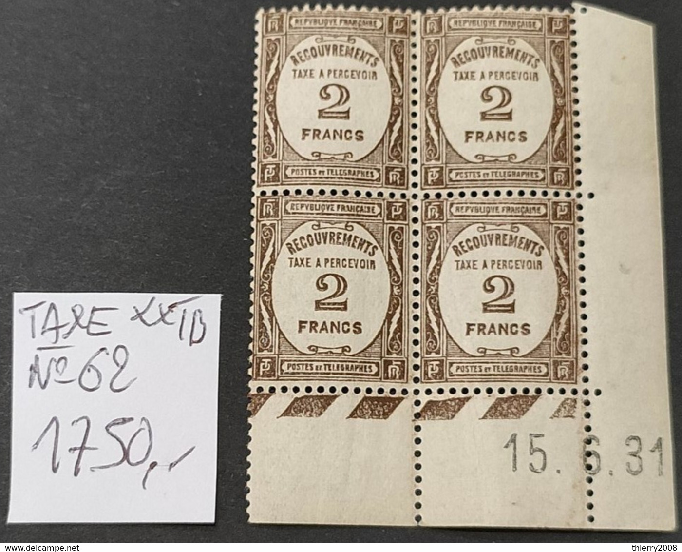 (A1) TAXE N° 62  Neuf ** Gomme D'Origine En Bloc De 4 Avec Coin Daté, RARE !!!  TB - Postage Due