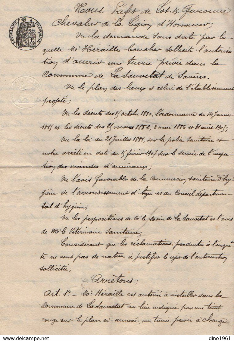 VP18.972 - La Préfet D'AGEN 1911 - Demande D'Ouverture D'une Tuerie Privée à LA SAUVETAT DE SAVERES Par HERAILLE Boucher - Manuscrits