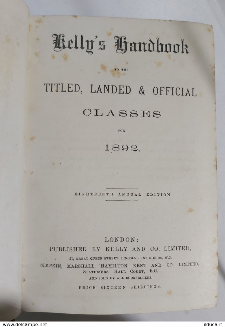 I102616 Kelly's Handbook - Titled, landed & official Classes for 1892