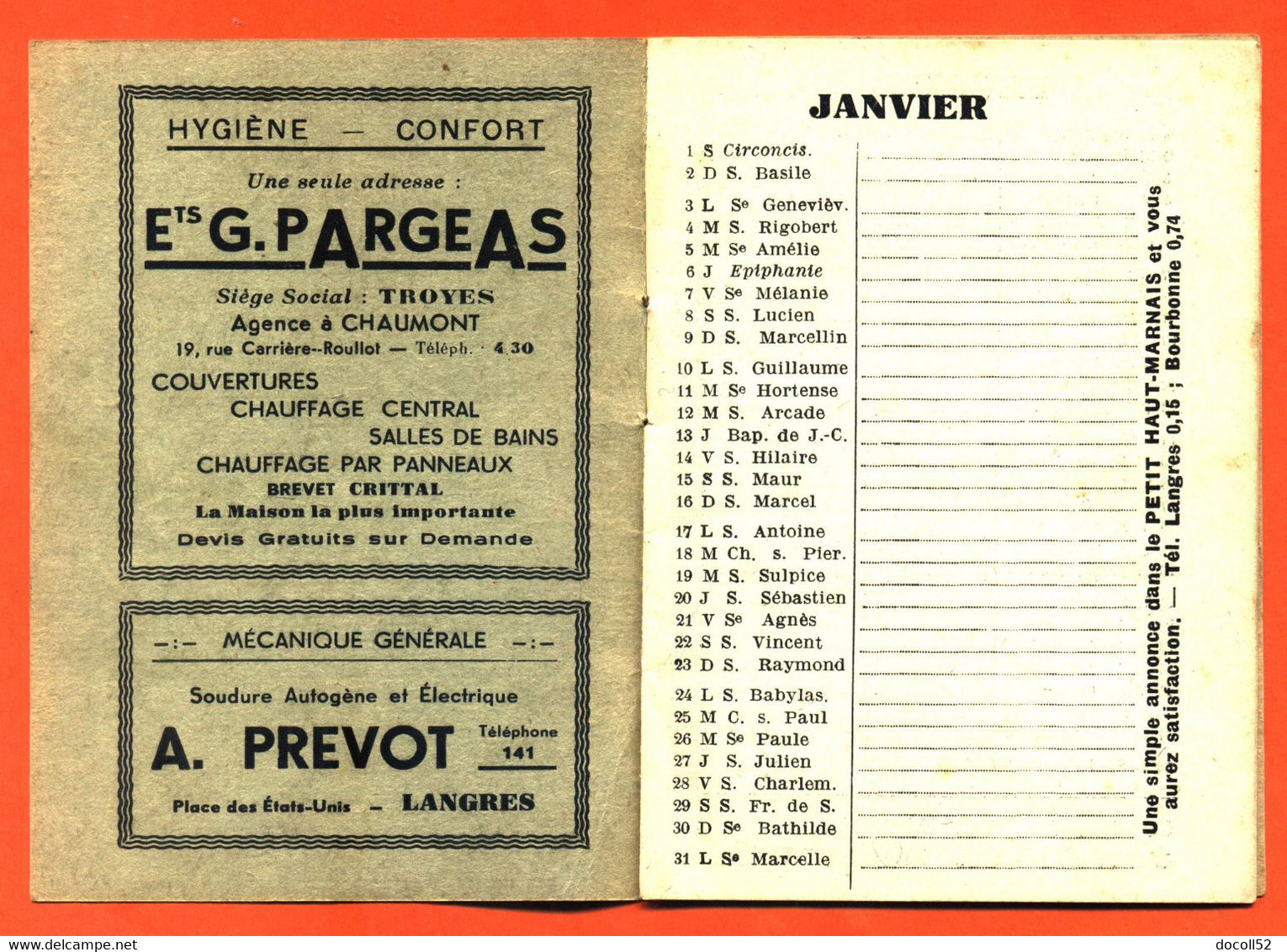 Calendrier Publicitaire Complet Et Vierge De 1938 Le Petit Haut Marnais Journal Chaumont  Langres Saint Dizier Nogent - Formato Piccolo : 1921-40