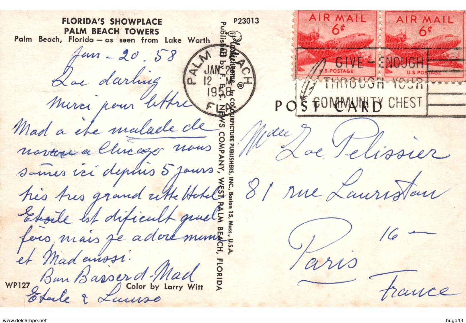 (RECTO / VERSO) PALM BEACH TOWORS IN 1958 - BEAUX TIMBRES ET FLAMME - FORMAT CPA - Palm Beach