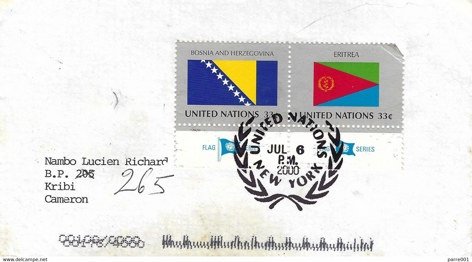 United Nations 2000 New York Flag Bosnia Herzegovina Eritrea Cover To Cameroun - Buste