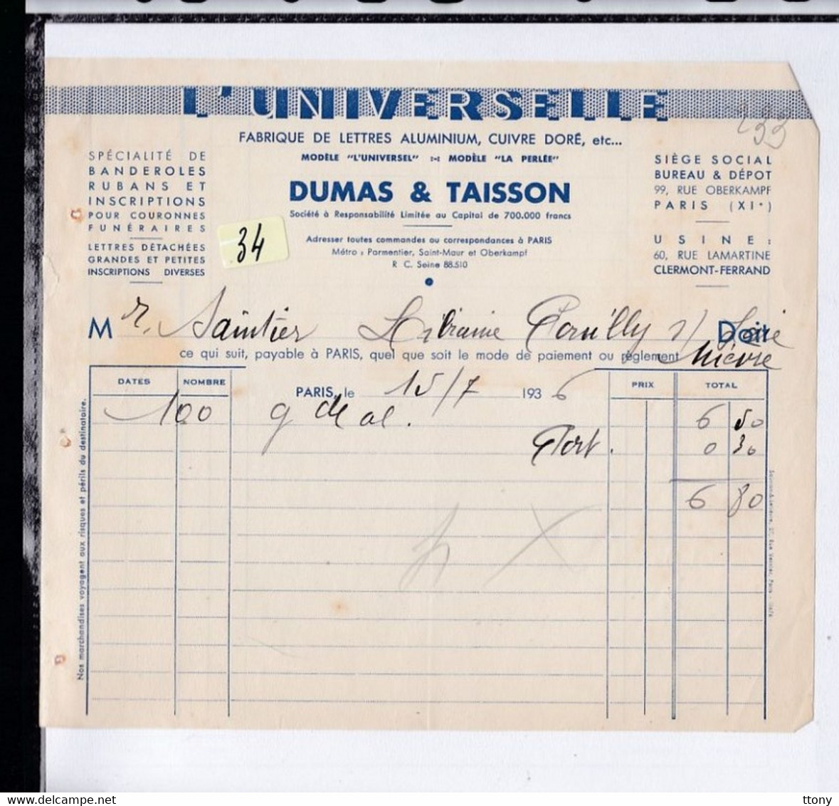 Une Facture  :  L'Universelle   Fabrique De Lettre  Aluminium  Cuivre  Ets : Dumas & Taisson 1936 - Droguerie & Parfumerie