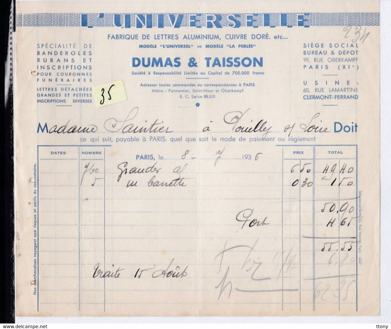 Une Facture  :  L'Universelle   Fabrique De Lettre  Aluminium  Cuivre  Ets : Dumas & Taisson 1935 - Droguerie & Parfumerie