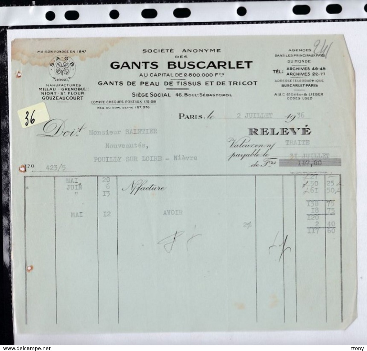 Une Facture  :   Ets  Société  Anonyme Des  Gants   Buscarlet    1936 - Droguerie & Parfumerie